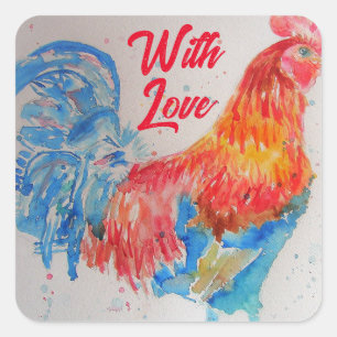 Adesivo Quadrado Pintura De Aquarela De Rooster Vermelho Com Amor