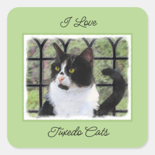 Adesivo Quadrado Pintura de Gato Tuxedo - Arte de Gato Original Cus
