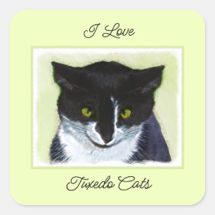 Adesivo Quadrado Pintura de Gato Tuxedo - Arte de Gato Original Cus