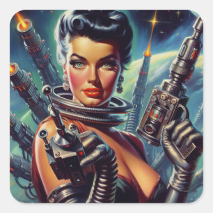 Adesivo Quadrado Pintura de Mulher do Sci-Fi Retro