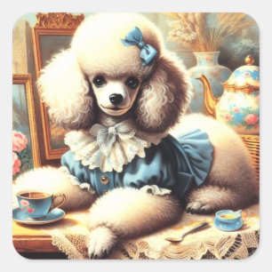 Adesivo Quadrado Pintura de Poodle em Cute Vintage