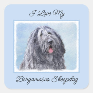 Adesivo Quadrado Pintura de Sheepdog Bergamasco - Cachorro Original