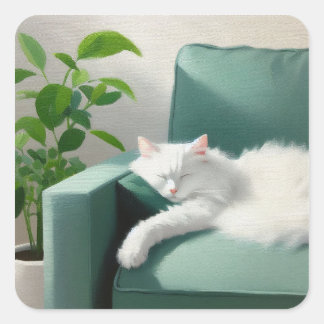 Adesivo Quadrado Pintura de um Gato dormindo em um sofá verde