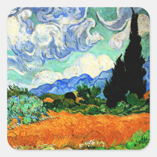 Adesivo Quadrado Pintura de Van Gogh, Wheatfield com Cypress Tree