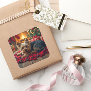 Adesivo Quadrado Pintura de Yorkshire Terrier numa Aconchegante Noi