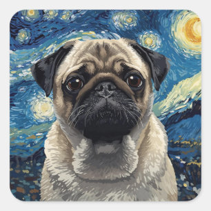 Adesivo Quadrado Pintura do Céu Noturno Giratório Pug Bege Arte