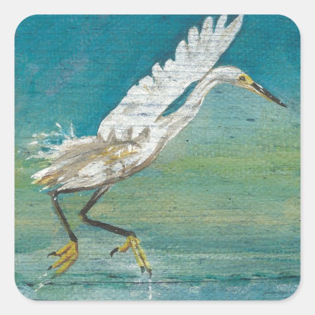 Adesivo Quadrado Pintura do Lago Egret Coastal Bird Ocean (Frente)
