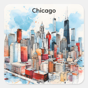 Adesivo Quadrado Pintura em Aquarela da Cidade de Chicago