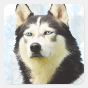Adesivo Quadrado Pintura em Aquarela de Cachorro Husky Siberiano