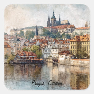Adesivo Quadrado Pintura em Aquarela de Praga Vintage República Tch