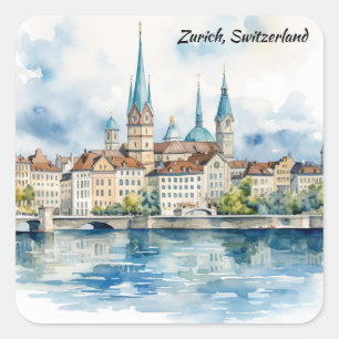 Adesivo Quadrado Pintura em Aquarela de Zurique Suíça