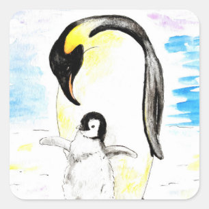 Adesivo Quadrado Pintura em Aquarela do Pinguim Imperador e do Filh