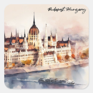 Adesivo Quadrado Pintura em Aquarela Vista Panorâmica de Budapeste 