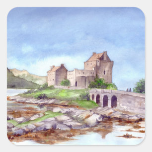 Adesivo Quadrado Pintura em Watercolor no castelo Eilean Donan