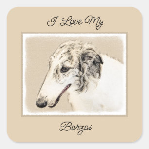 Adesivo Quadrado Pintura Original de Cachorro Borzoi (Silver Brindl