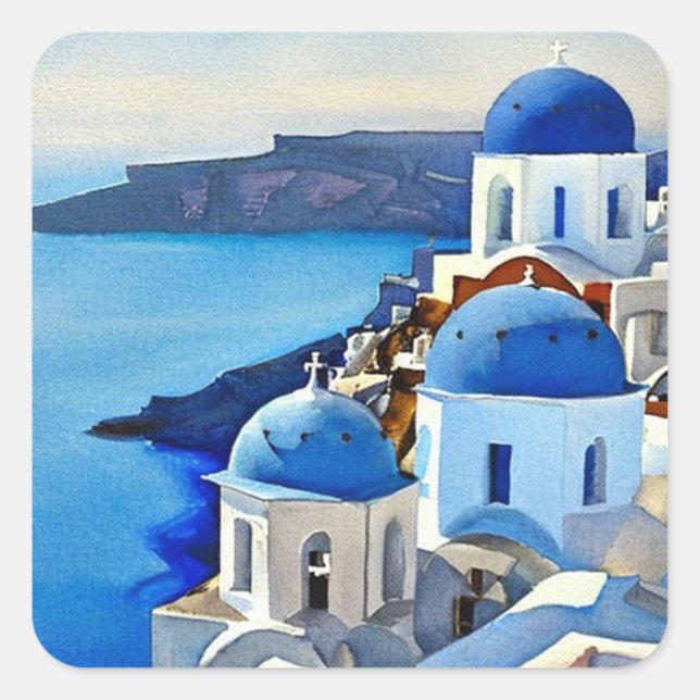 Adesivo Quadrado Pintura por Aquarela da Grécia Santorini (Frente)