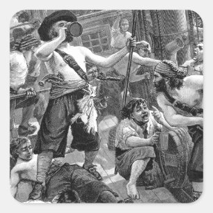 Adesivo Quadrado Piratas antigos lutando e bebendo no navio