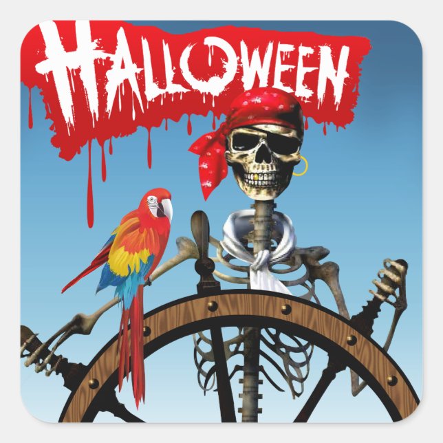Adesivo Quadrado Pirate Skeleton Sailor do Macaw Halloween Party (Frente)