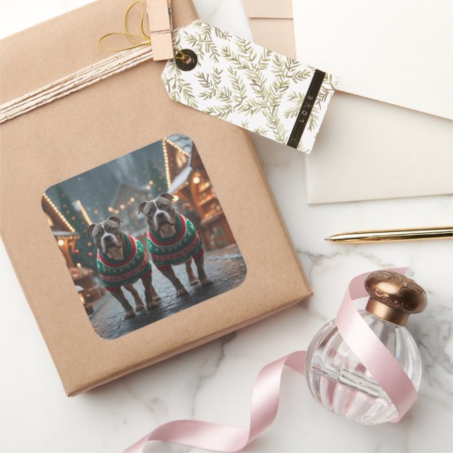 Adesivo Quadrado Pitbull Dogs Christmas Snow Holiday (Presentear)