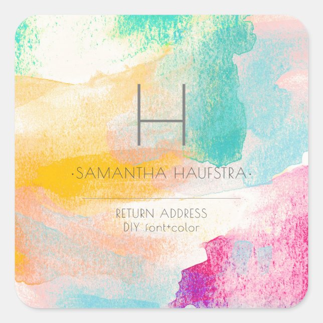 Adesivo Quadrado PixDezines Monograma Cor de Água Traços de Pincel (Frente)