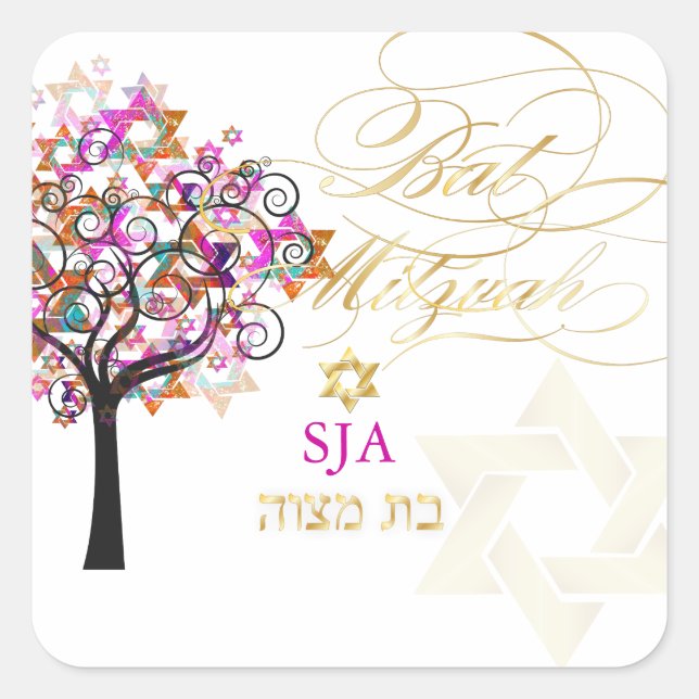 Adesivo Quadrado PixDezines tree of life/stars/Bat Mitzvah (Frente)