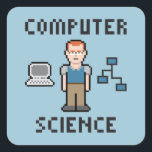 Adesivo Quadrado Pixel Computer Science Sticker<br><div class="desc">Design que retrata um cientista informático de pixéis retrorreflectores,  um computador e um fluxograma</div>
