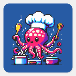 Adesivo Quadrado Pixel Octopus Chef Funny Cozinhar e marisco