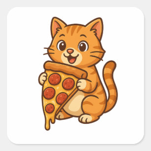 Adesivo Quadrado Pizza-Adorante Gato-Pizza - Engraçado Kawaii Foodi