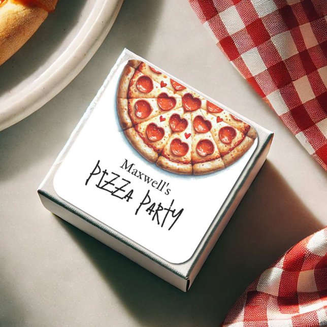 Adesivo Quadrado Pizza Personalizada Pizza Party Birthday Stickers (Pepperoni pizza party stickers personalized by Do Tell A Belle)