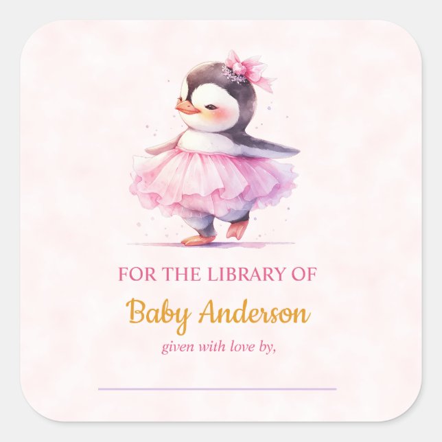Adesivo Quadrado Placa de Chá de fraldas Bonita Penguin Ballerina (Frente)