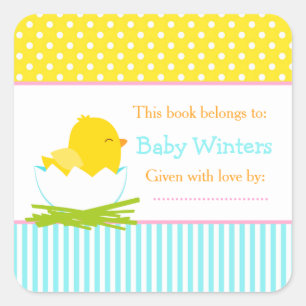 Adesivo Quadrado Placa de Chá de fraldas do Pintinho azul e amarelo