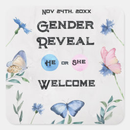 Adesivo Quadrado Placa de gabinete de borboleta floral com aquarela