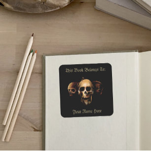Adesivo Quadrado Placa de Livro Criatura Preta Caveiras Góticas Som