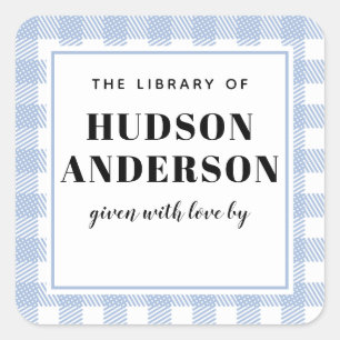 Adesivo Quadrado Placa de Livro de Bebê Xadrez Gingham Azul Pálido