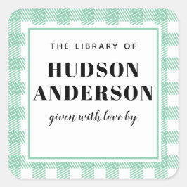 Adesivo Quadrado Placa de Livro de Bebê Xadrez Gingham Green