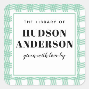 Adesivo Quadrado Placa de Livro de Bebê Xadrez Gingham Green