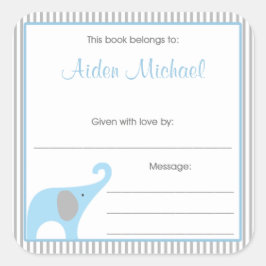 Adesivo Quadrado Placa de Livro Pinstripe de Elefante Azul e Cinza