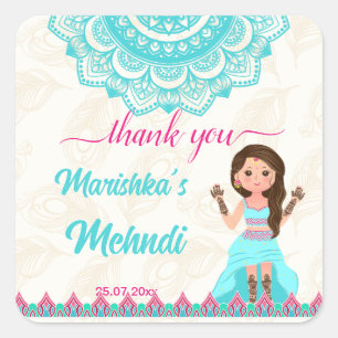 Adesivo Quadrado Placa de Mehndi bem-vinda noiva rosa e azul