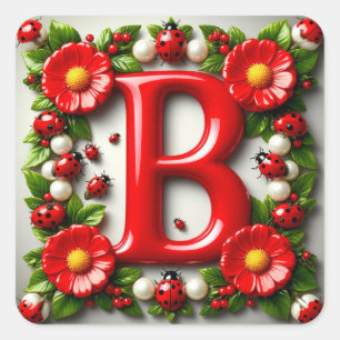 Adesivo Quadrado 🐞 Placa de Nome com Letras Vermelhas Joaninhas Pa