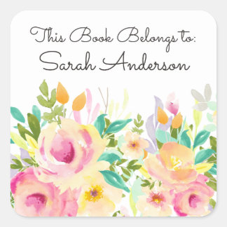 Adesivo Quadrado Placa Floral De Watercolor A Que Este Livro Perten