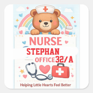 Adesivo Quadrado Placa Personalizada do Urso Enfermeiro Fofo, Es