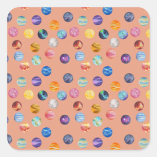 Adesivo Quadrado Planetas no padrão de desenho de aquarela - laranj