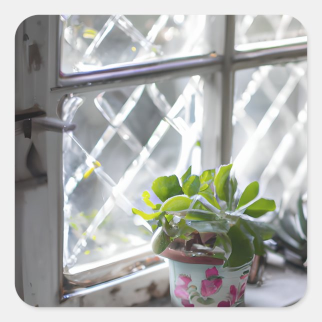 Adesivo Quadrado Planta Bonito de aquarela na janela (Frente)