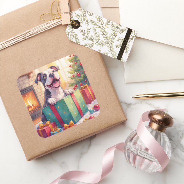 Adesivo Quadrado Playful Pitbull Opening Christmas Gifts Holiday (Presentear)