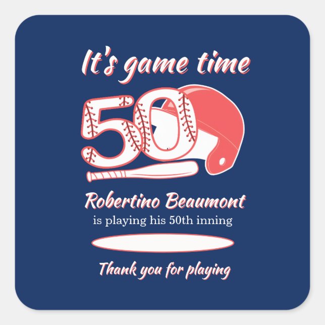 Adesivo Quadrado Playing His 50th Inning Baseball Birthday Party (Frente)