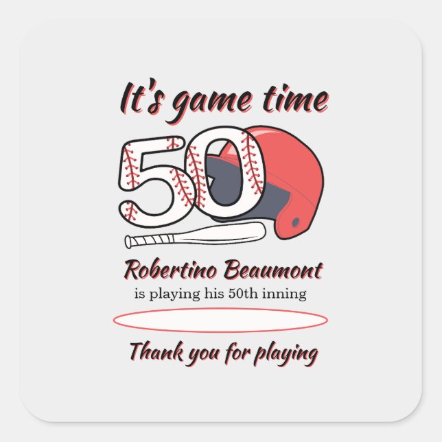 Adesivo Quadrado Playing His 50th Inning Baseball Birthday Party (Frente)