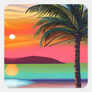 Adesivo Quadrado Pneus tropicais de palma e sunset
