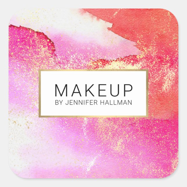 Adesivo Quadrado Pó Dourado Falso de Aquarela Rosa Vibrante Abstrat (Frente)