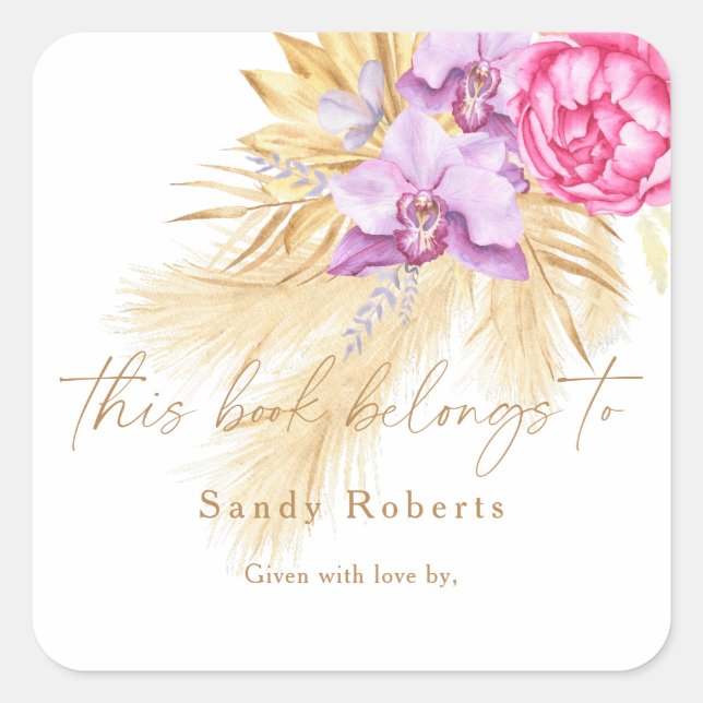 Adesivo Quadrado Poa seca do boho - este livro pertence (Frente)