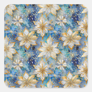 Adesivo Quadrado Poinsétias de Natal Azul Branco Dourado